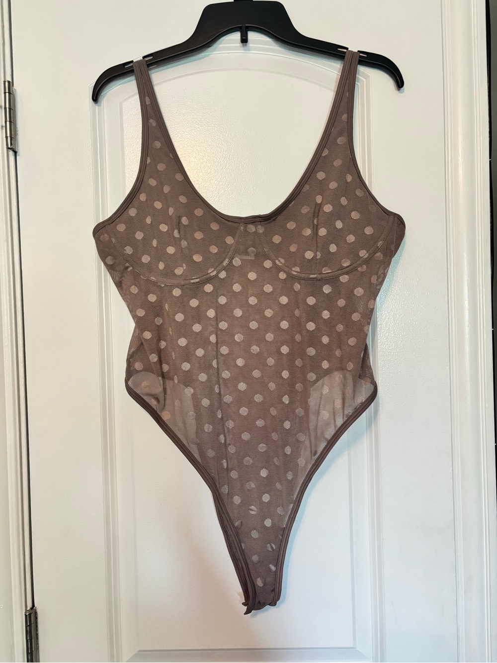 VS PINK Sheer Polka Dot Mesh Bodysuit - Taupe with gold polka dots XXL